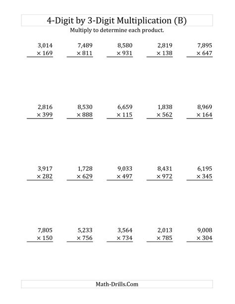 multiplication 4-digit by 1-digit|Multiplication in columns worksheets (4 by 1.